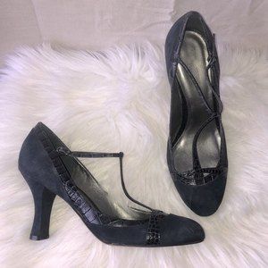 Loft blue suede reptile retro t strap pump heels